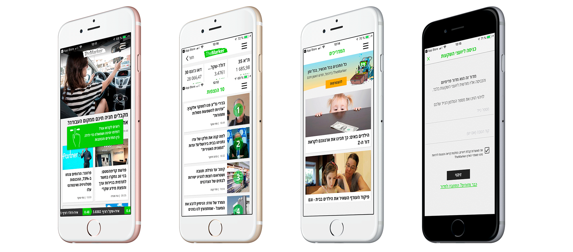 finance-themarker-ios-mockup-group News app UI on iPhone screens