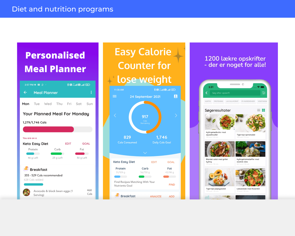 Diet and nutrition app screen